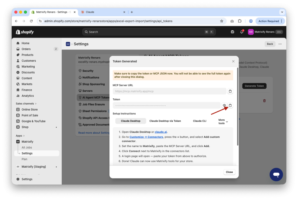 5. Copy new generate MCP Token for Matrixify Claude AI connector