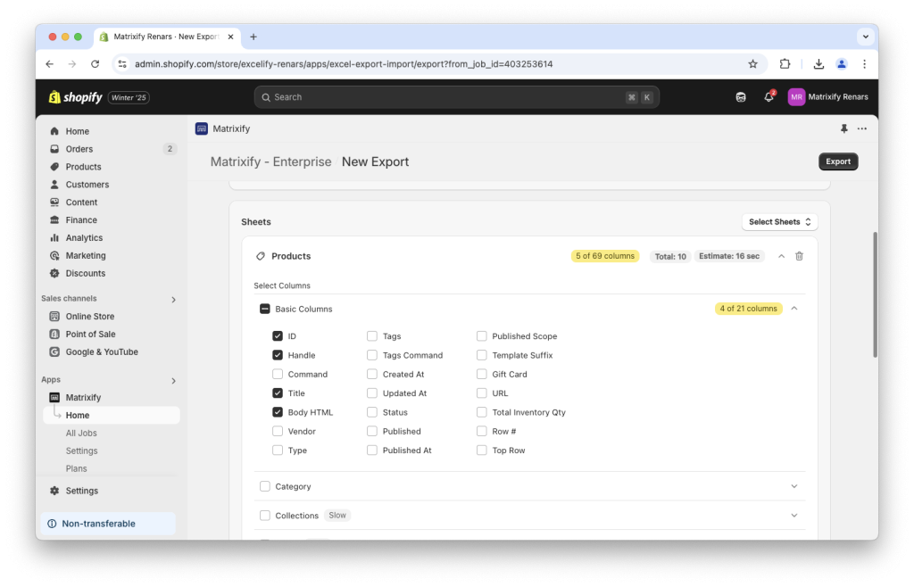 5. Create new export in Matrixify, select to export indiviudal SEO columns for Products