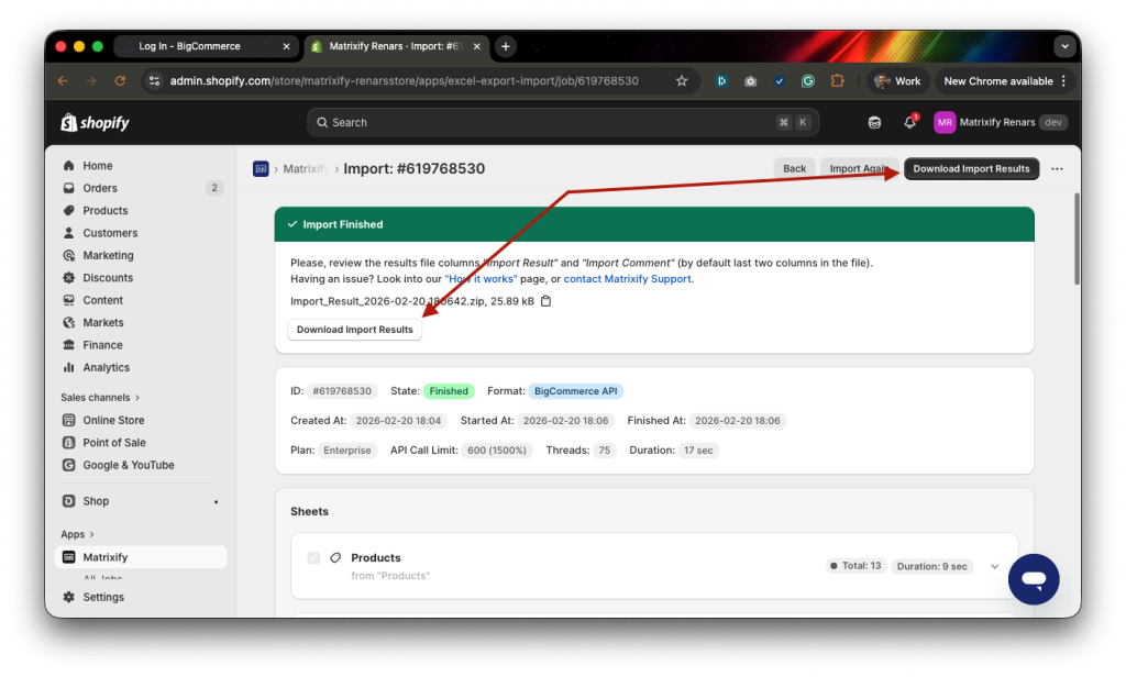 5. Download Import Results file Matrixify BigCommerce to Shopify migration