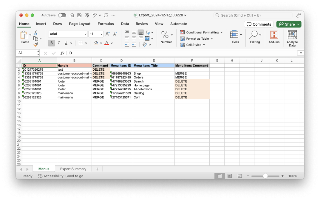 5. Edit Excel to bulk remove and delete Shopify Navigation menus and or menu items with Matrixify