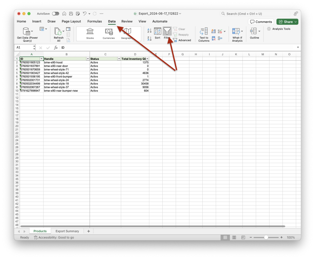 5. Enable Excel Filters Shopify Products data export