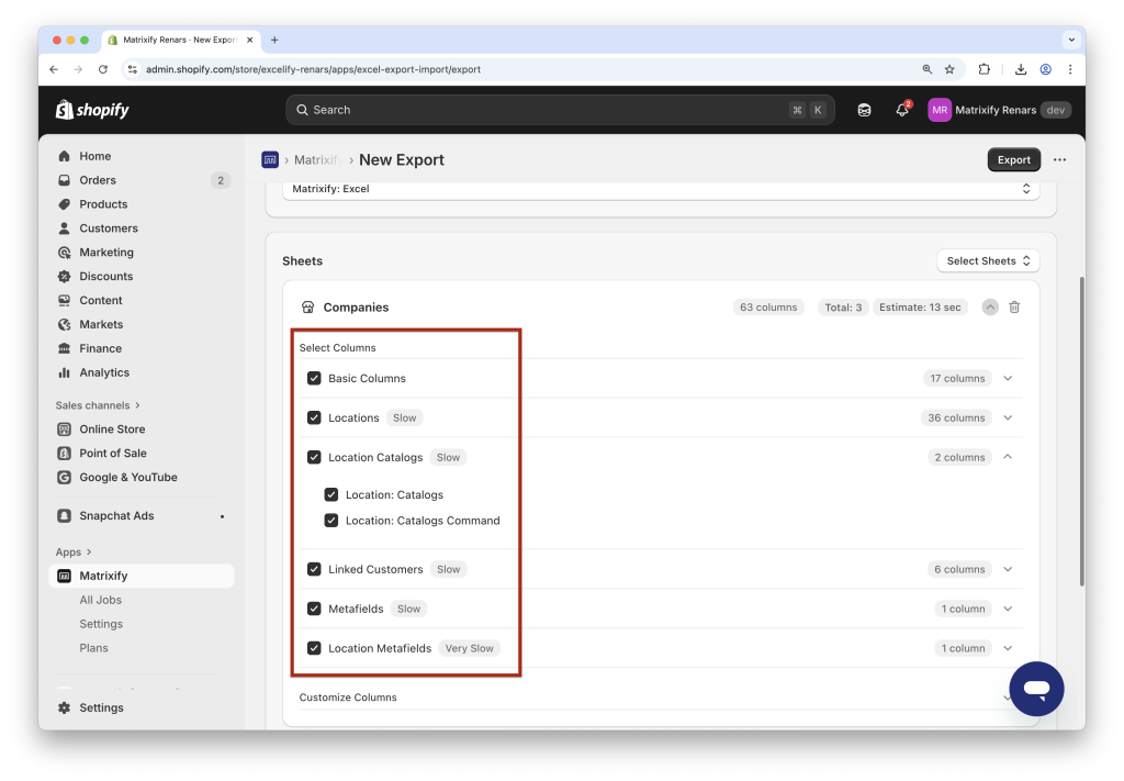 5. Export individual B2B Companies attributes to spreadsheet Shopify