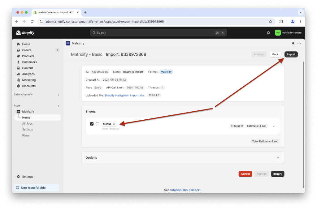 5. Import Create Bulk manage Shopify Online Store navigation menus items