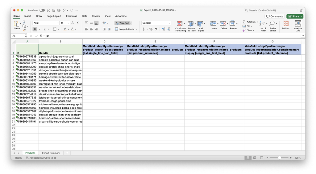 5. Matrixify Excel XLSX spreadsheet with Search & Discovery data