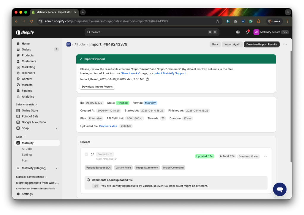 5. Matrixify import job that was started by Claude AI automatically