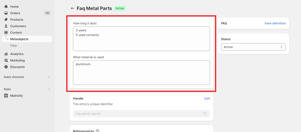 5. Shopify Metaobject entries page - export CSV Excel Matrixify