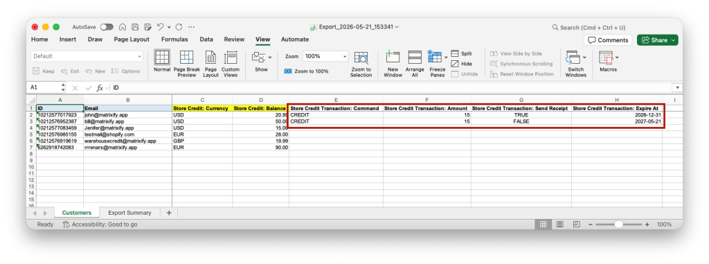 5. Shopify Customers add store credit in bulk with Matrixify app spreadsheet