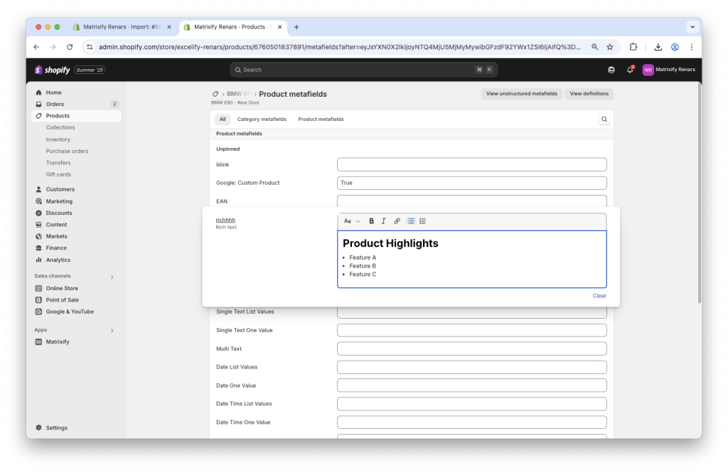 5. Shopify rich text metafield value imported from HTML code