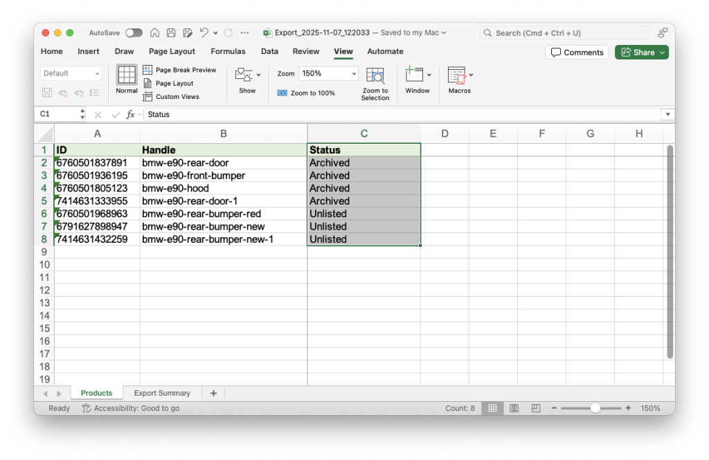 5. Update Shopify Product status in spreasheet - archived, unlisted, draft and active products