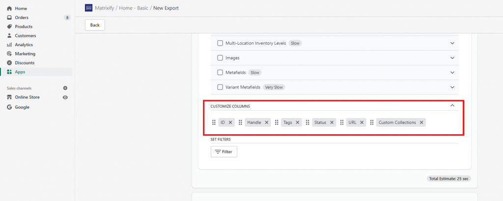 6 - customize exported fields order sleect fields Shopify data export products excelify excel csv
