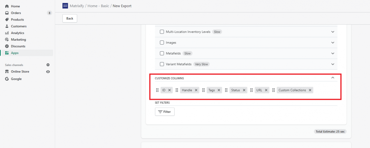 How to create a Shopify data export with custom columns using Matrixify