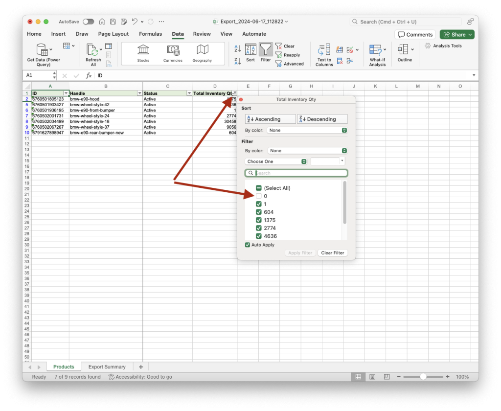 6. Apply Export Filter Shopify Products Export XLSX CSV