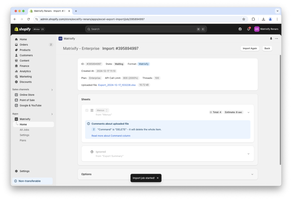 6. Bulk remove and delete Shopify Navigation Menu and Menu items with an import using Matrixify app