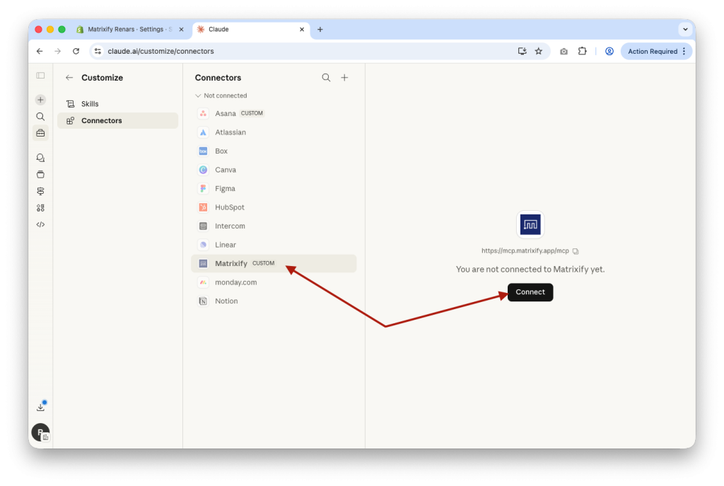6. Connect Matrixify Connerctor in Claude Customize section