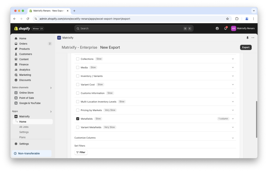 6. Create new Shopify export with Metafields