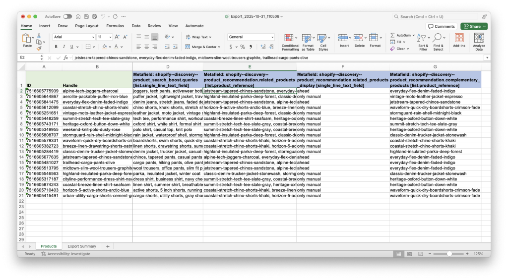 6. Edited spreadsheet, bulk set search & discovery data in Shopify