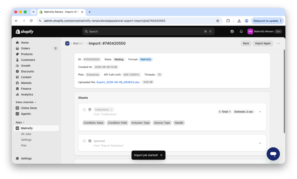 6. Import Excel XLSX spreadsheet file in Shopify with Matrixify app