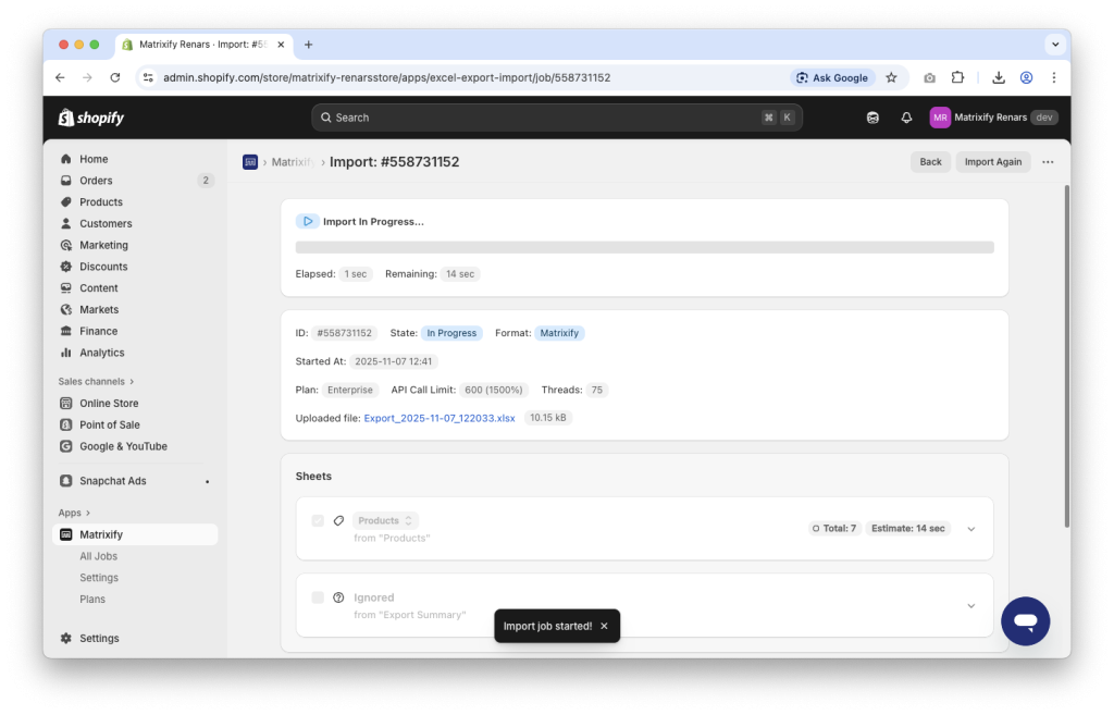 6. Import Shopify Product Status update in bulk with Matrixify