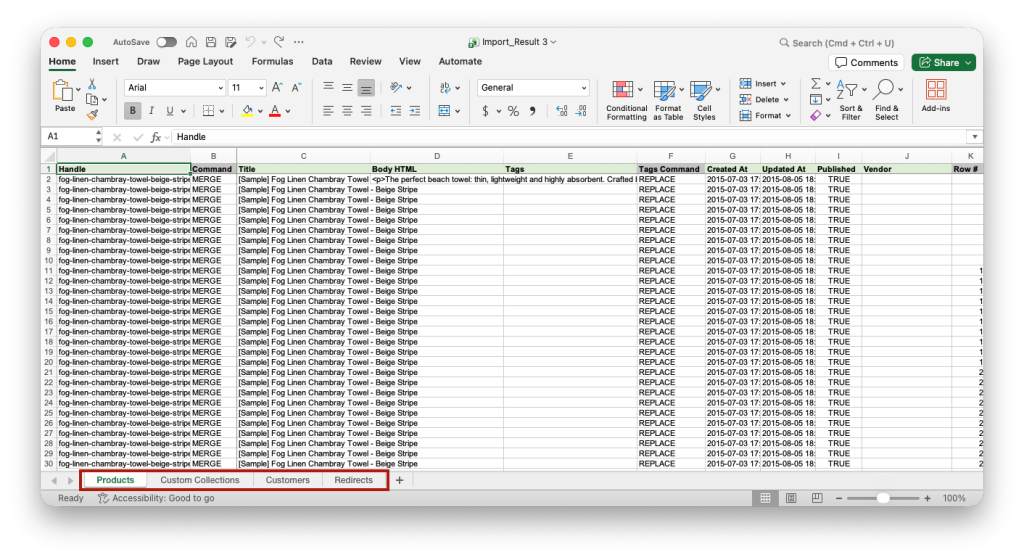 6. Matrixify BigCommerce to Shopify migration Results file spreadsheet