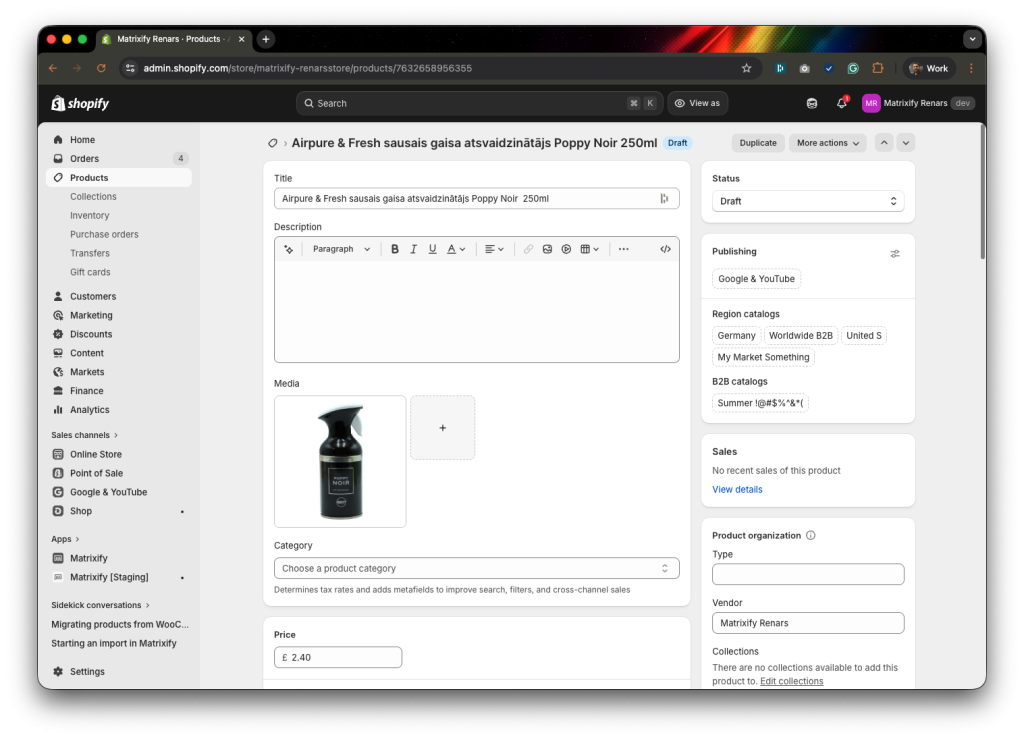 6. Product imported from supplier PDF file with images using Matrixify app and Claude AI