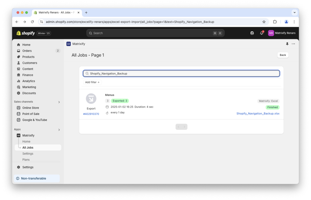 6. Search and find Matrixify app export jobs by file name