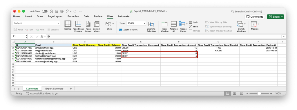 6. Shopify Customers debit:subtract Store Credit in bulk with Matrixify app Excel or CSV file