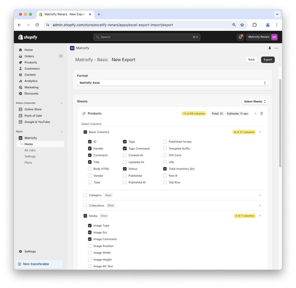 6. Shopify data export select individual exact columns fields to export Matrixify app