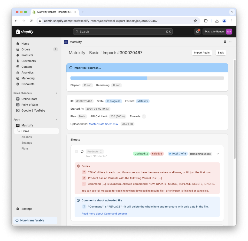 6. Shopify data import show progress Matrixify app follow import