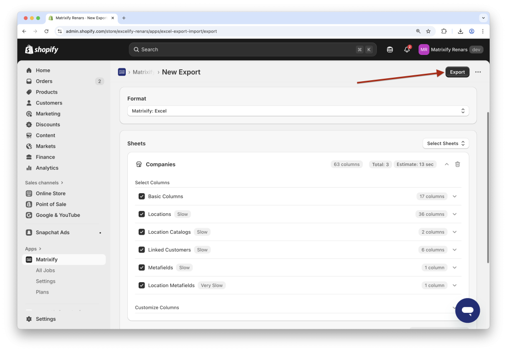 6. Start Matrixify Companies export job in Shopify