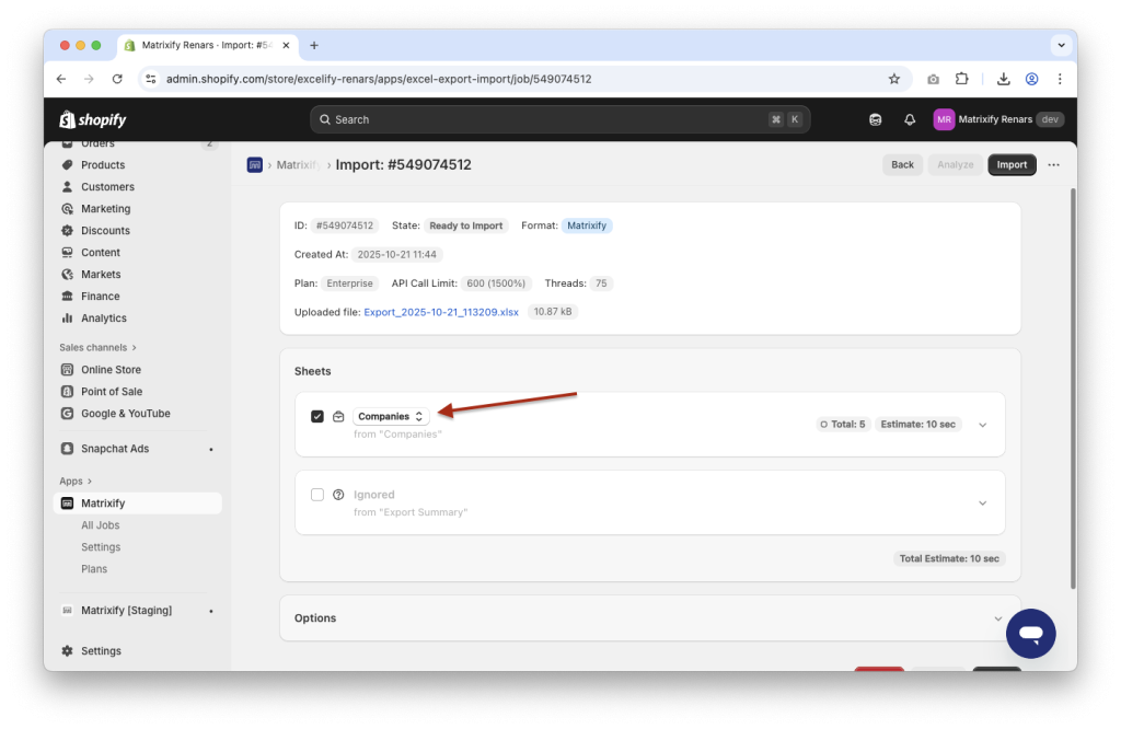 6. Upload and import Shopify Companies spreadsheet with Matrixify