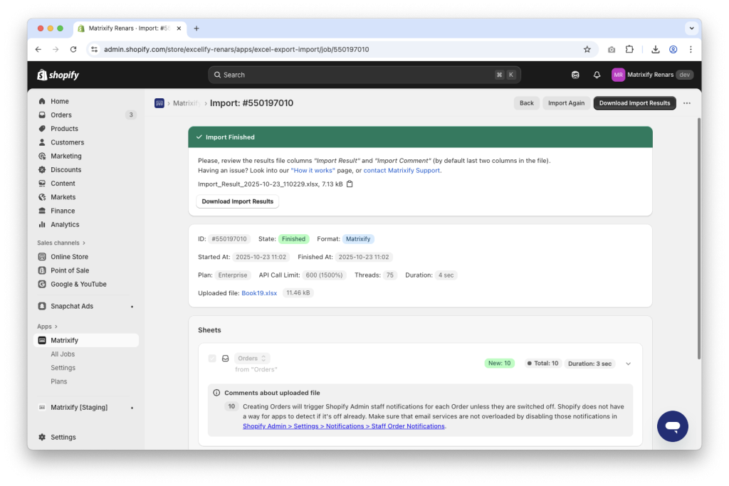 6. Upload spreadsheet and bulk create Shopify free gift Orders