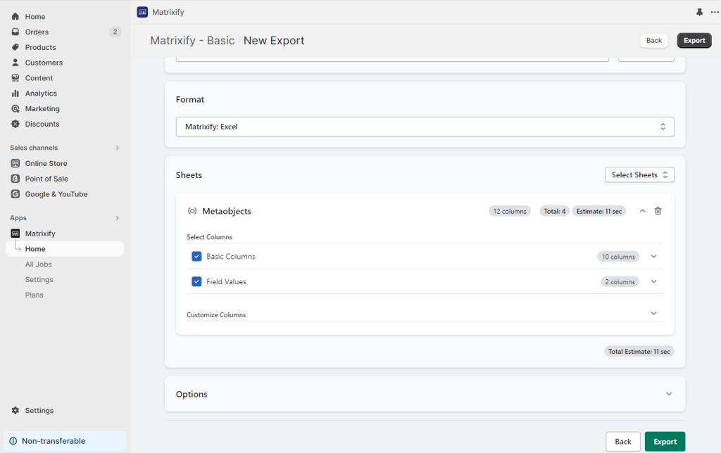6. create new export in Matrixify app - select to export Shopify Metaobject Entries fields and columns Excel CSV bulk manage