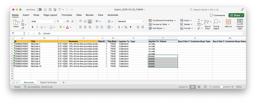 7 - Discount data edit in spreadsheet - apply Shopify Discount to different collections