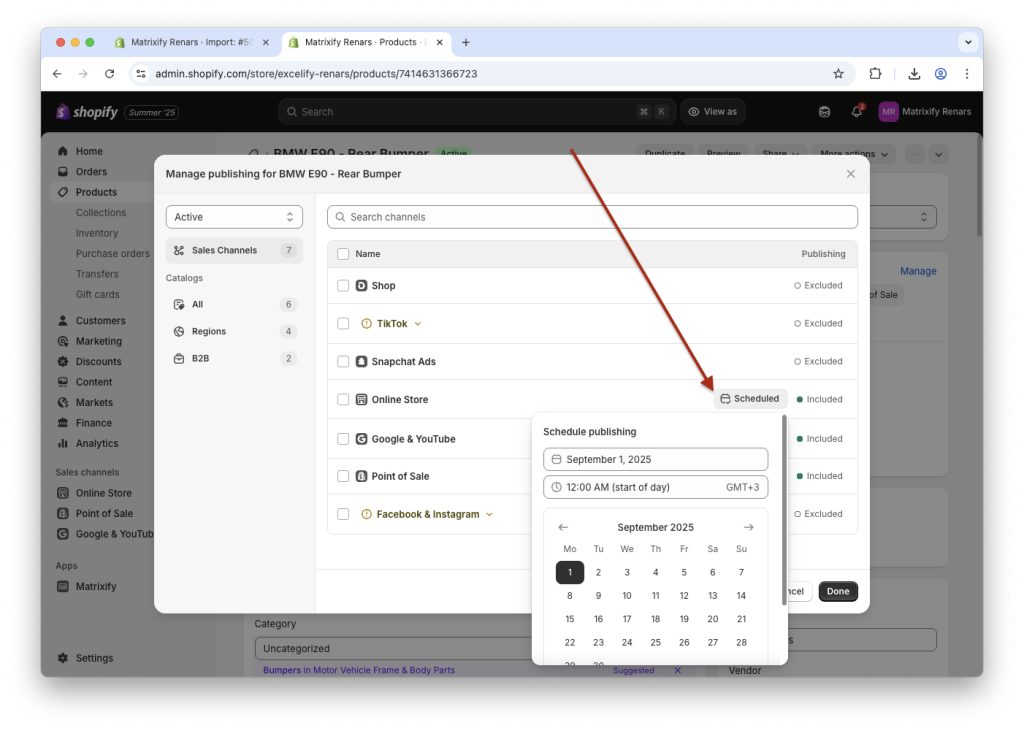7 - Matrixify app updated import schedule publishing Shopify Products in bulk