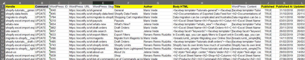 7 - check generated Excel WordPress Shopify Redirects for pages Matrixify