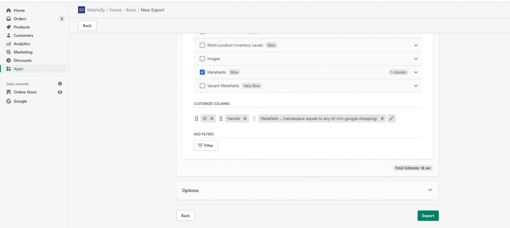 7 - create new export in Matrixify app, export Google Shopping Metafields Shopify Excel CSV