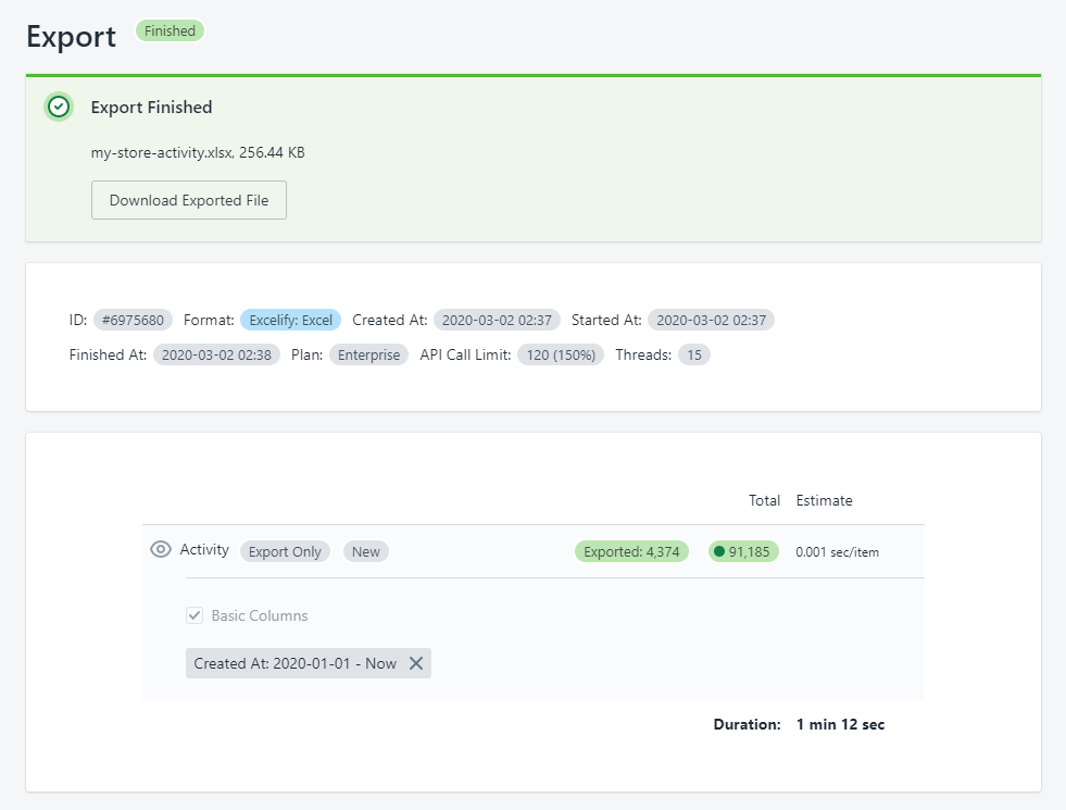 7 - export excelify shopify activity events log