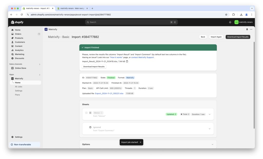 7 - import spreadsheet Excel CSV to bulk update Shopify Menu Item positions with Matrixify