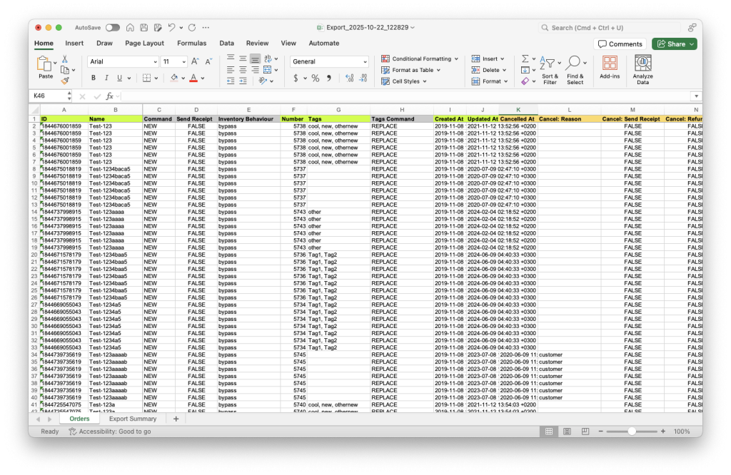7 - spreadsheet detailed with all Shopify Orders data in multiple rows