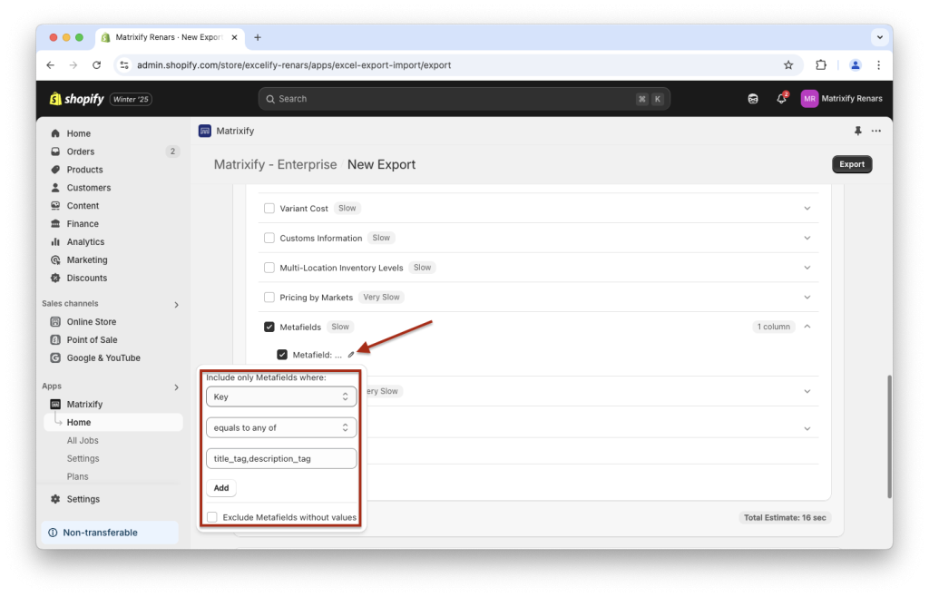 7. Apply Shopify export Metafield column selector to export specific Metafields only