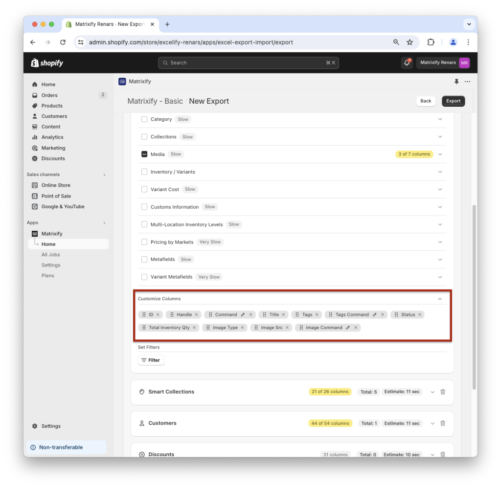 7. Customize shopify data export columns sorting order selection Matrixify app