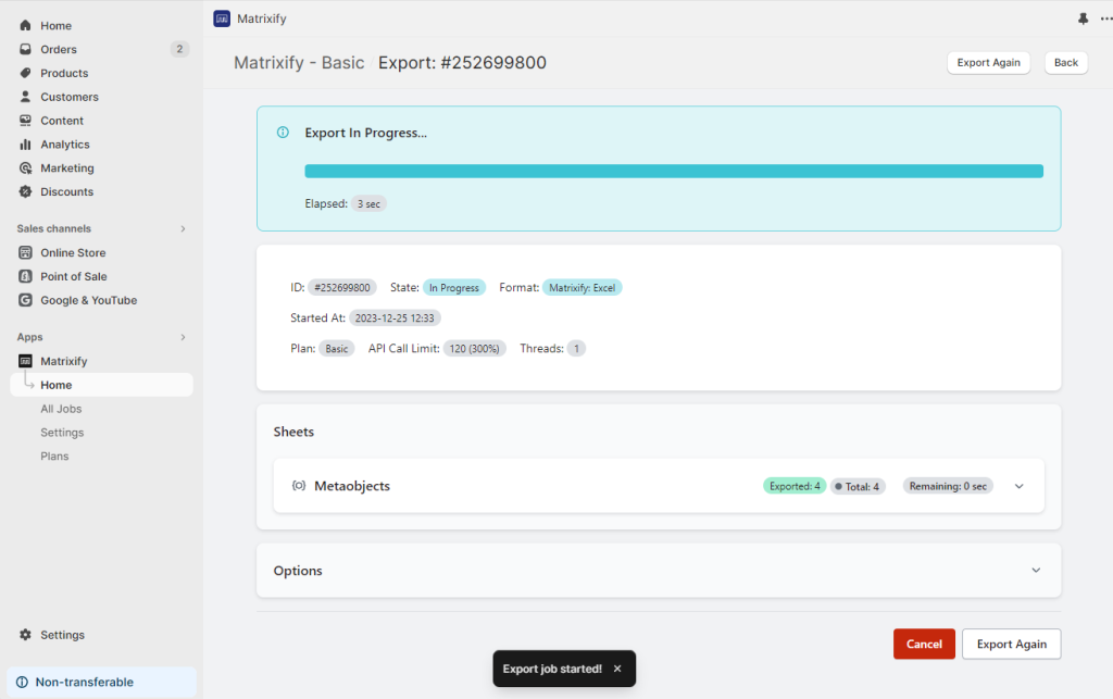 7. Export process in Matrixify app - select to export Shopify Metaobject Entries fields and columns Excel CSV bulk manage