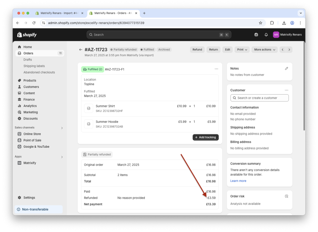 7. Finish - bulk partially refunded Shopify Order for specific amount using the Matrixify app