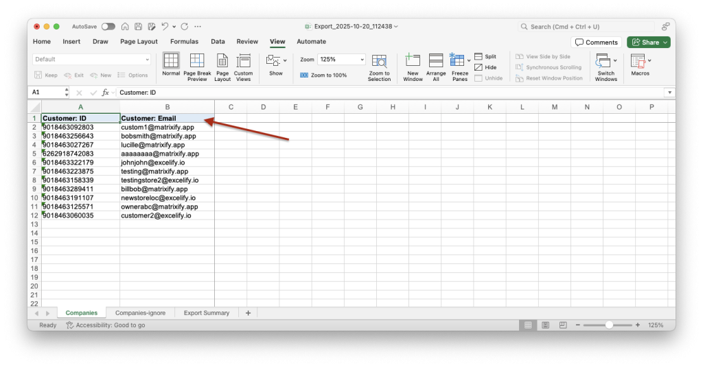 7. Rename Customer columns to match Companies sheet template