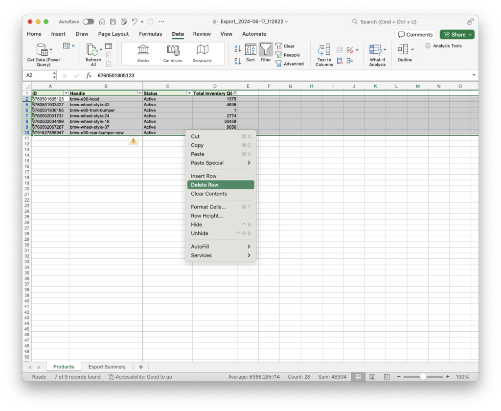7. Select and delete filteres Excel rows XLSX CSV spreadsheet