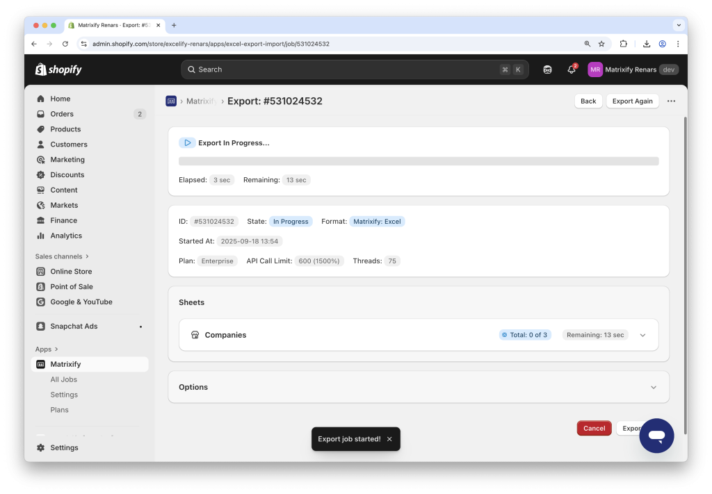 7. Shopify B2B Companies export job progress in Matrixify app