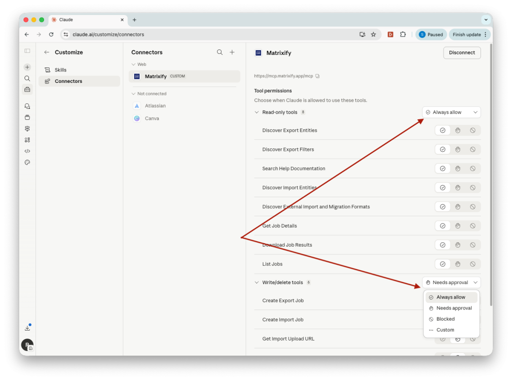 7.1. Approve Matrixicy MCP actions in Claude Connection
