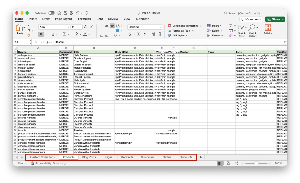 8 - WordPress to Shopify migration, generated Excel file all sheets data