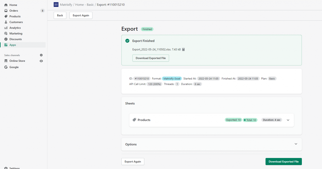 8 - download export Shopify Products with Metafields in Matrixify app Excel CSV