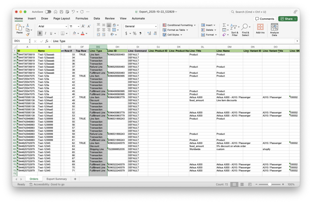 8 - easly detect each row in Shopify Orders Excel spreadsheet using Line Type column